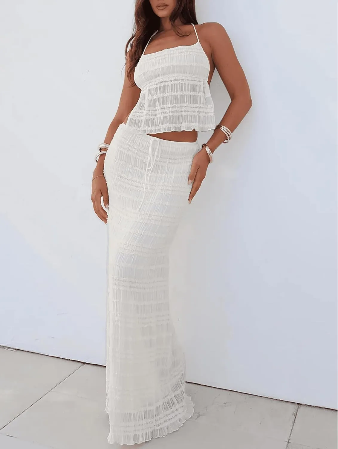 Women Y2k 2 Piece Maxi Skirt Set Lace Short Sleeve Top and Tiered Flowy Ruffle Long Skirt Beach Sheer Outfits