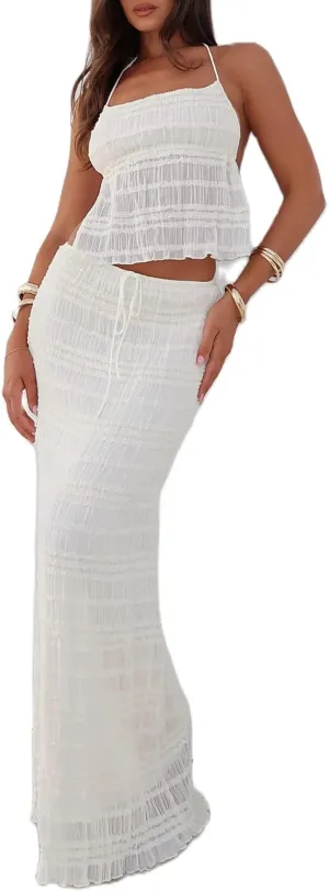 Women Y2k 2 Piece Maxi Skirt Set Lace Short Sleeve Top and Tiered Flowy Ruffle Long Skirt Beach Sheer Outfits