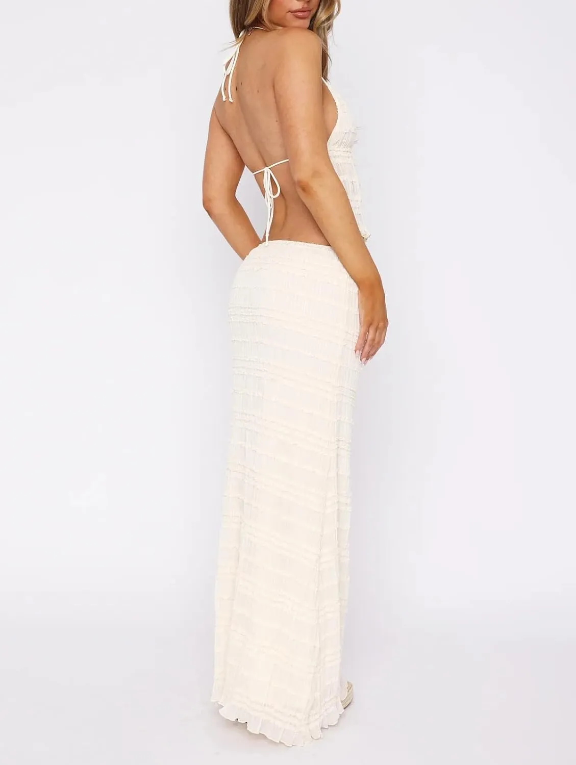 Women Y2k 2 Piece Maxi Skirt Set Lace Short Sleeve Top and Tiered Flowy Ruffle Long Skirt Beach Sheer Outfits
