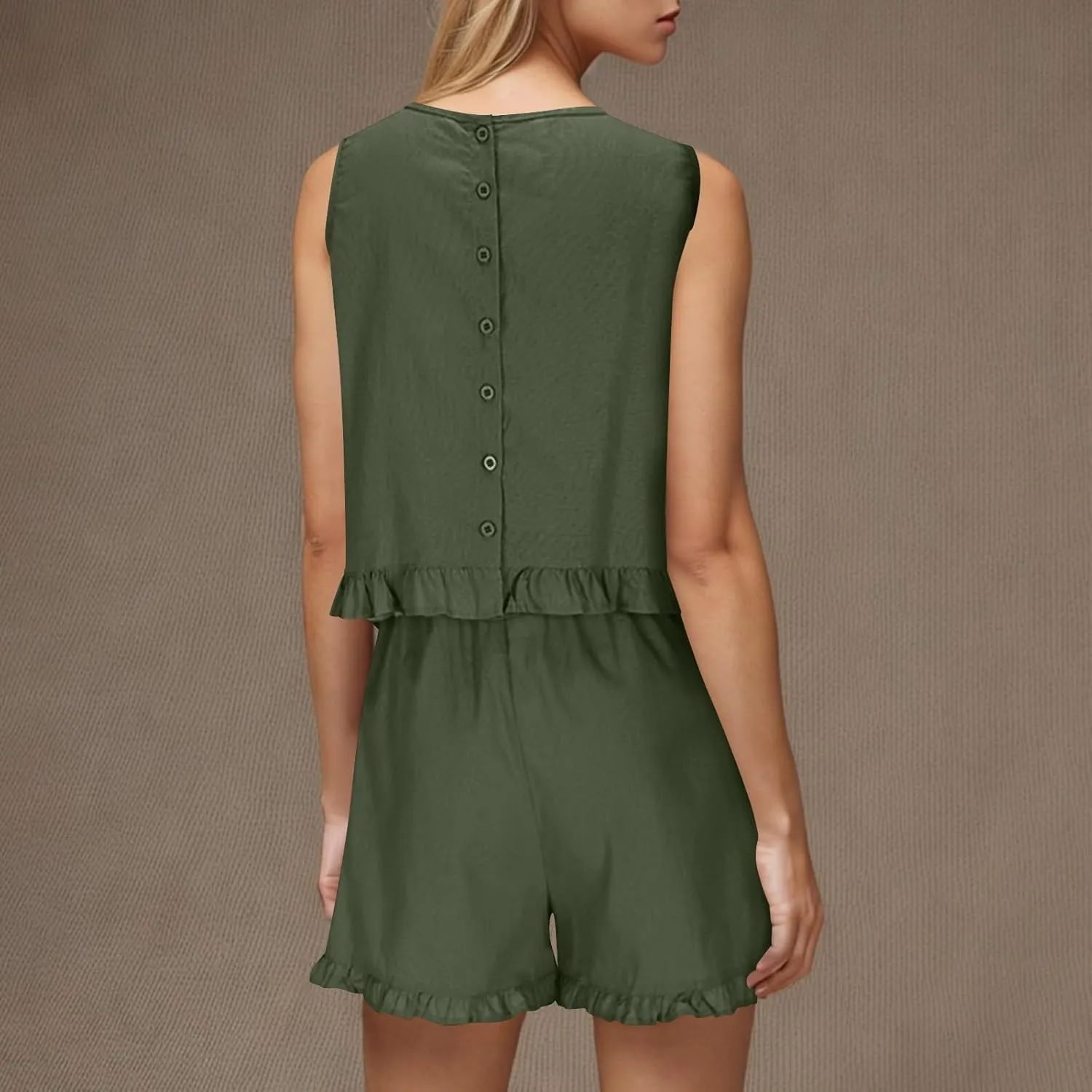 Women's 2 Piece Beach Vacation Outfits Casual Sleeveless Button Back Cropped Tank Top Shorts Ruffle Trim Set Tracksuit