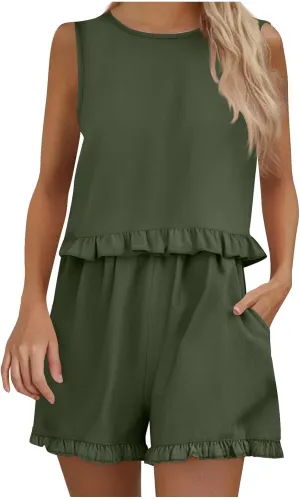Women's 2 Piece Beach Vacation Outfits Casual Sleeveless Button Back Cropped Tank Top Shorts Ruffle Trim Set Tracksuit
