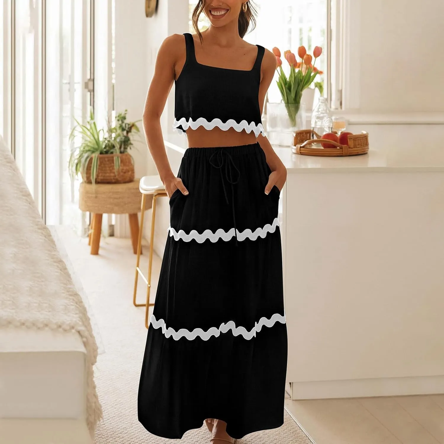 Womens 2 Piece Outfits Sleeveless Square Neck Tank Crop Top and Drawstring Waist Tiered Ruffle Maxi Skirt Matching Sets