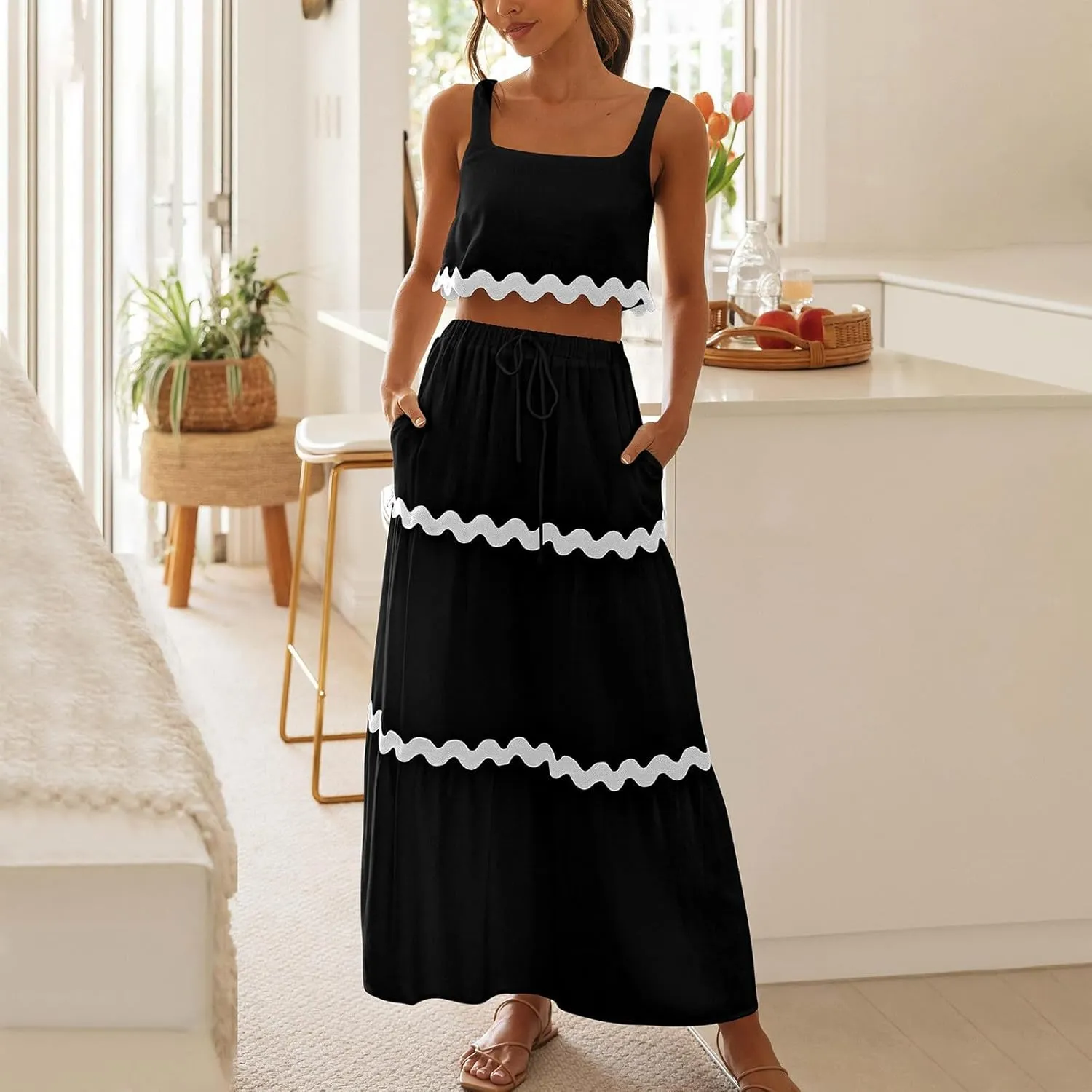Womens 2 Piece Outfits Sleeveless Square Neck Tank Crop Top and Drawstring Waist Tiered Ruffle Maxi Skirt Matching Sets