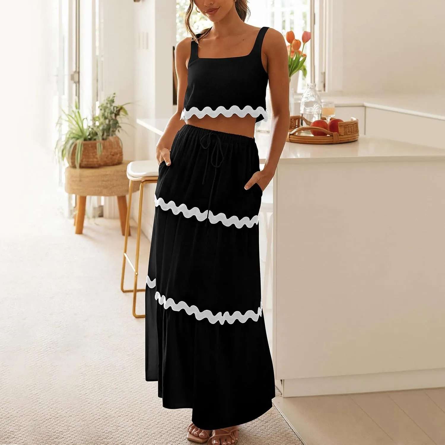 Womens 2 Piece Outfits Sleeveless Square Neck Tank Crop Top and Drawstring Waist Tiered Ruffle Maxi Skirt Matching Sets