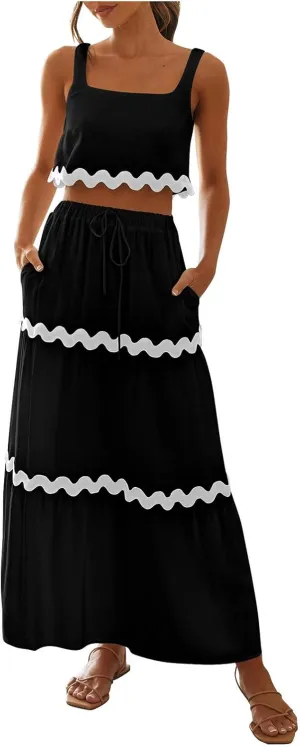 Womens 2 Piece Outfits Sleeveless Square Neck Tank Crop Top and Drawstring Waist Tiered Ruffle Maxi Skirt Matching Sets