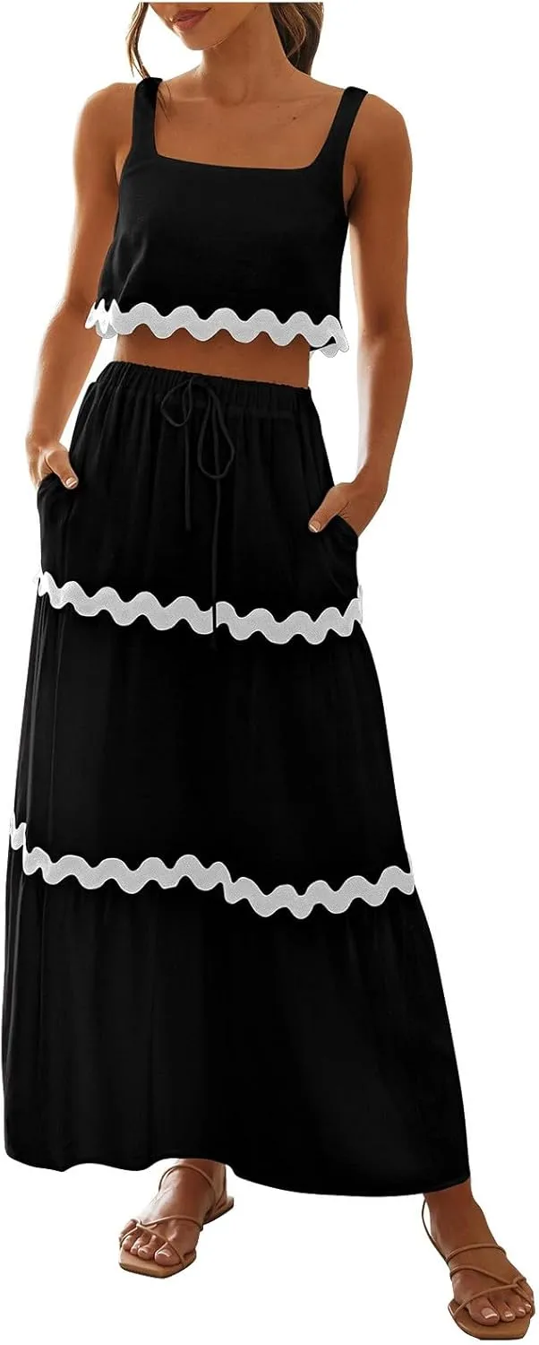 Womens 2 Piece Outfits Sleeveless Square Neck Tank Crop Top and Drawstring Waist Tiered Ruffle Maxi Skirt Matching Sets
