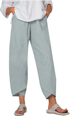 Womens 2024 Linen Pants Summer Wide Leg Pants Cropped Tulip Beach Pants Loose Casual Lounge Pants Trousers