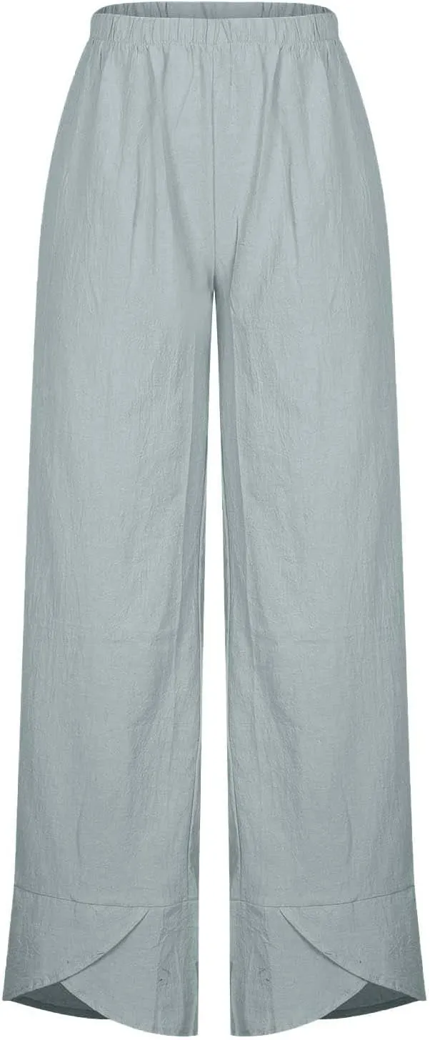 Womens 2024 Linen Pants Summer Wide Leg Pants Cropped Tulip Beach Pants Loose Casual Lounge Pants Trousers
