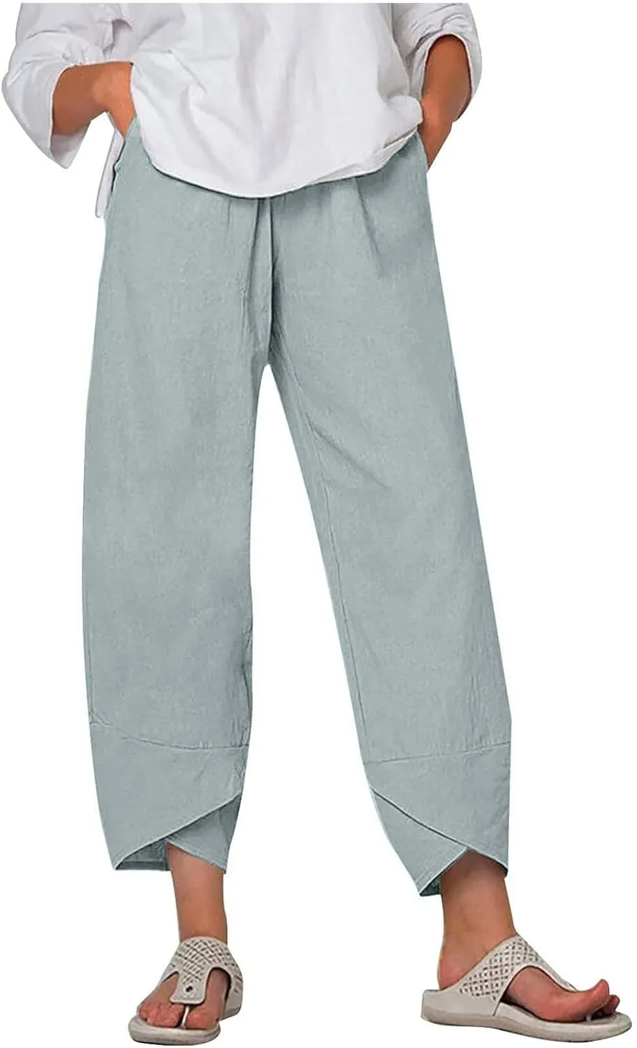 Womens 2024 Linen Pants Summer Wide Leg Pants Cropped Tulip Beach Pants Loose Casual Lounge Pants Trousers