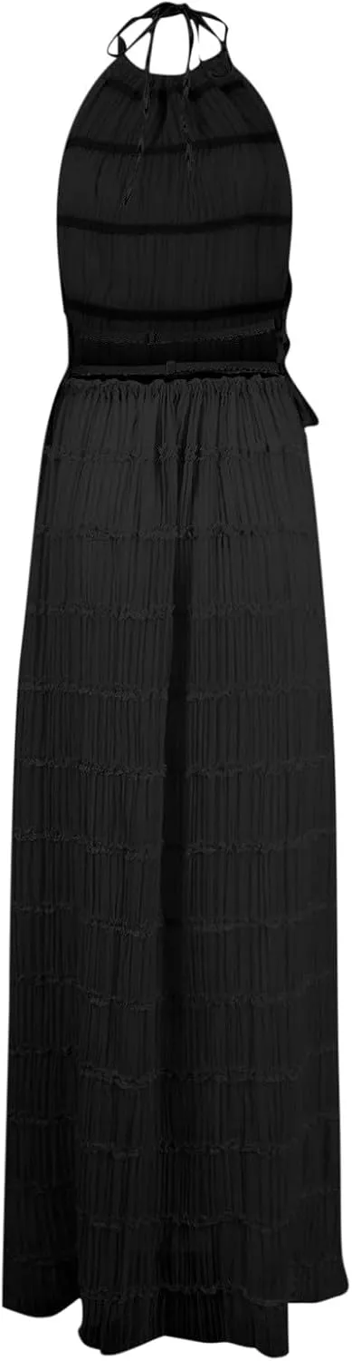 Women's Adjustable Backless Tie Halter Tank Top and Pleated Retro Drawstring Long Maxi Skirts Tiered Ruffle Skirt Sets