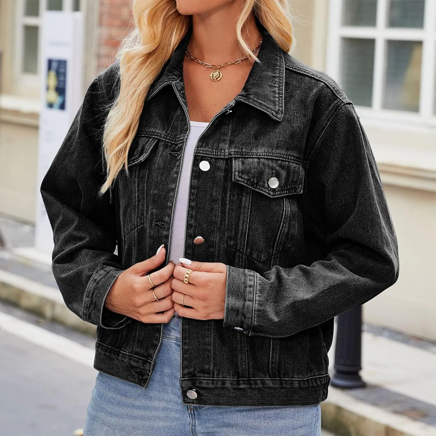 Women's Basic Jean Jackets Long Sleeve Button Down Distressed Denim Jackets Jean Coat 2024 Trendy Trucker Jackets