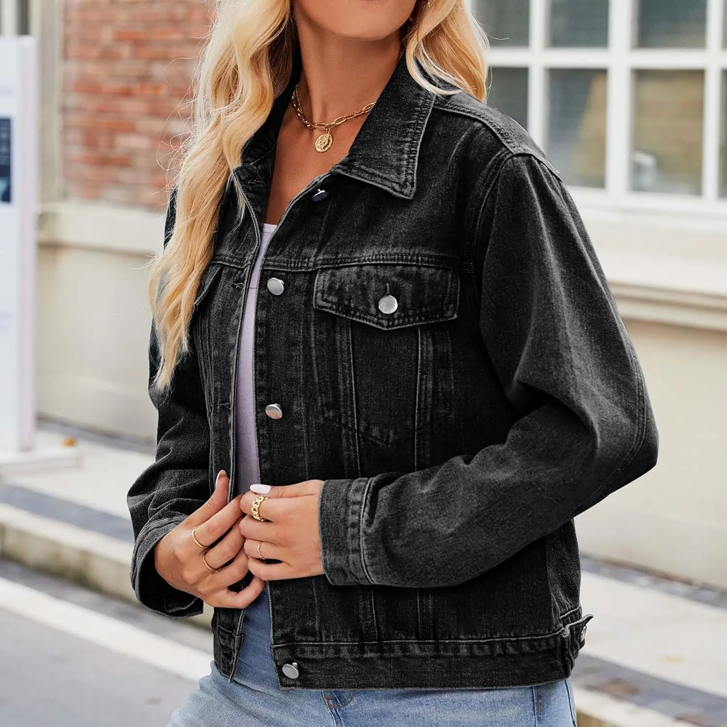 Women's Basic Jean Jackets Long Sleeve Button Down Distressed Denim Jackets Jean Coat 2024 Trendy Trucker Jackets