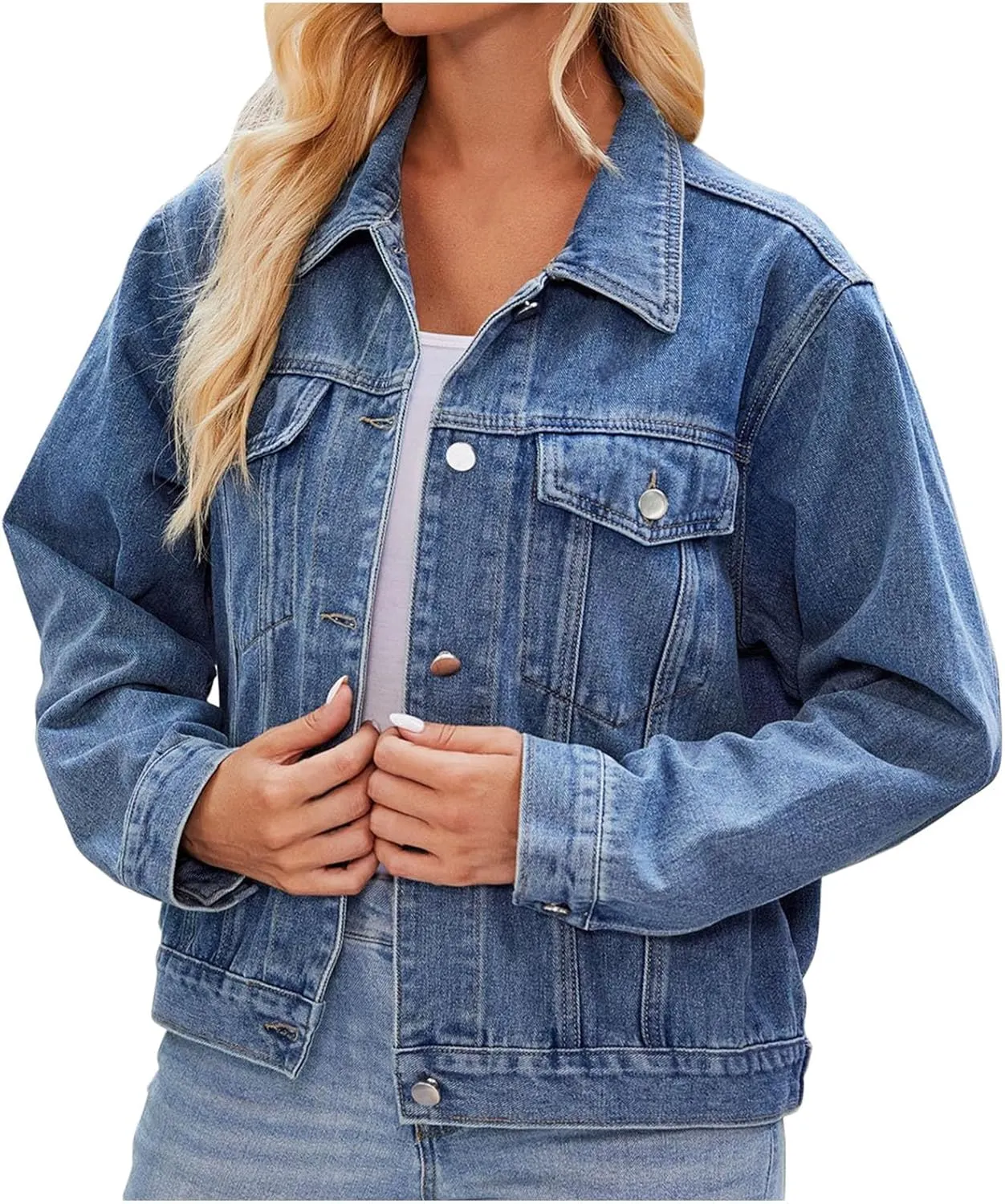 Women's Basic Jean Jackets Long Sleeve Button Down Distressed Denim Jackets Jean Coat 2024 Trendy Trucker Jackets