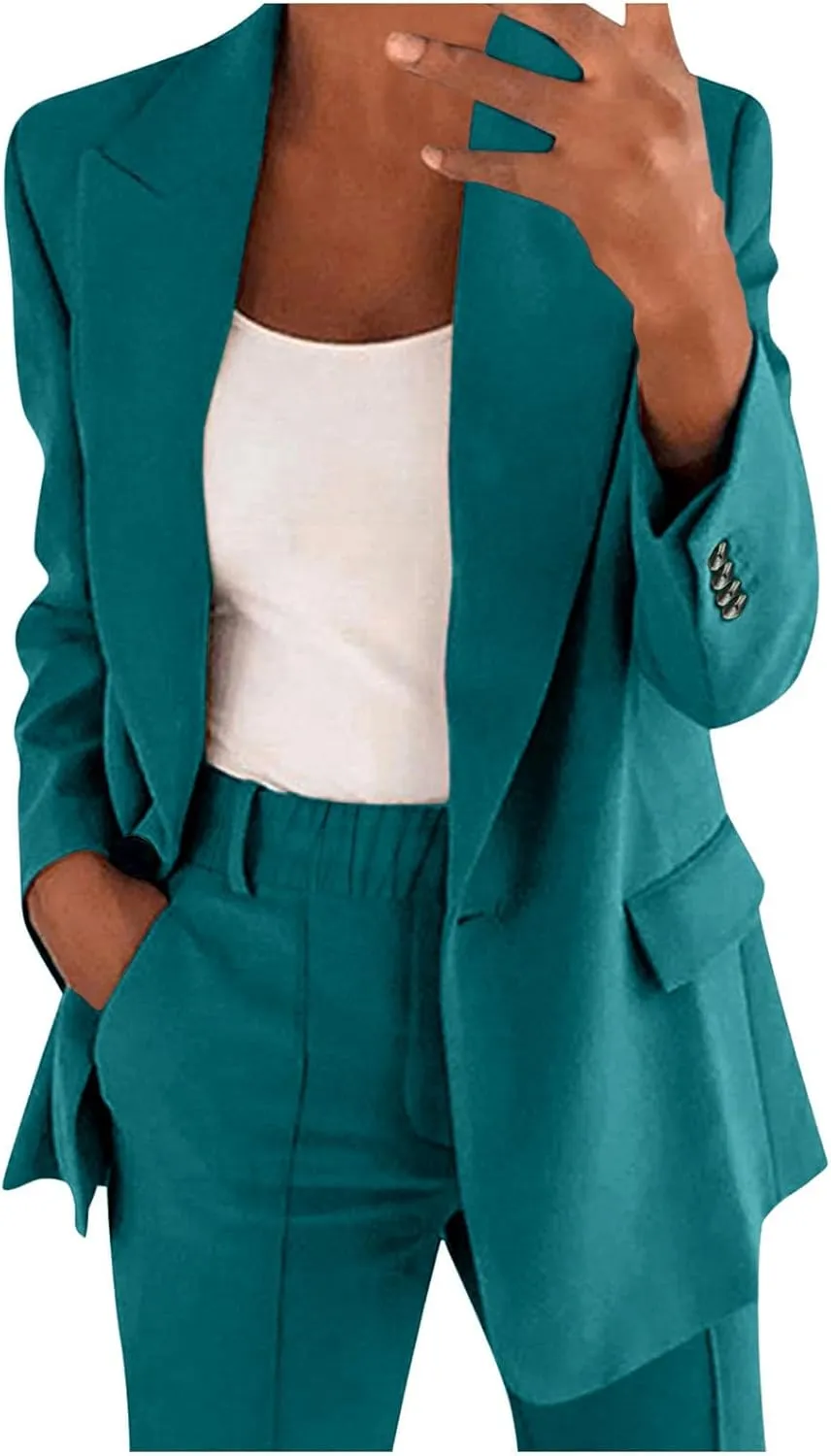 Womens Blazer Sets 2 Piece Outfits 2024 Business Outfits Dressy Casual Trendy Solid Color Business Blazer Suits