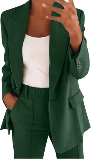 Womens Blazer Sets 2 Piece Outfits 2024 Business Outfits Dressy Casual Trendy Solid Color Business Blazer Suits