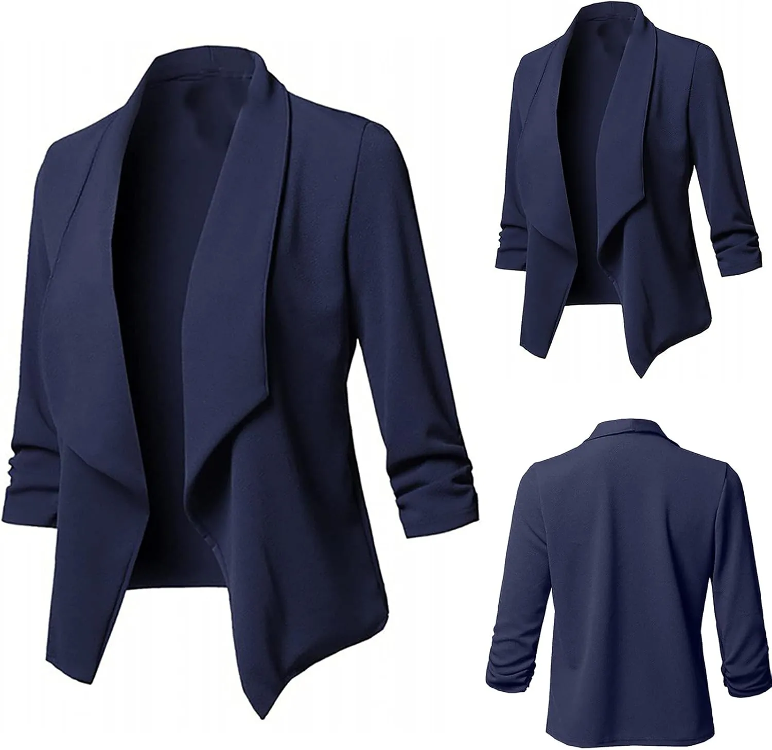Womens Blazer Stretch 3/4 Gathered Sleeve Open Front Blazer Jackets Casual Lightweight Thin Work Office Blazers