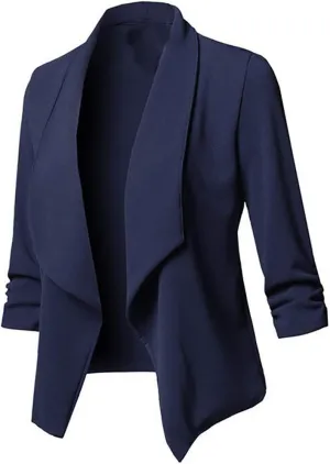 Womens Blazer Stretch 3/4 Gathered Sleeve Open Front Blazer Jackets Casual Lightweight Thin Work Office Blazers