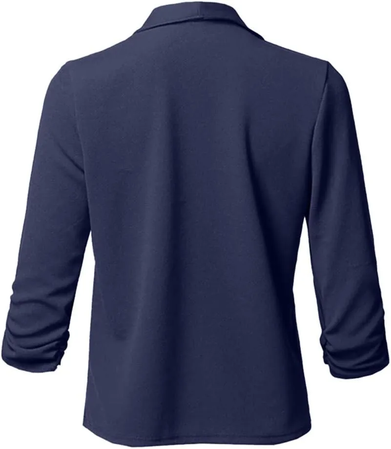Womens Blazer Stretch 3/4 Gathered Sleeve Open Front Blazer Jackets Casual Lightweight Thin Work Office Blazers