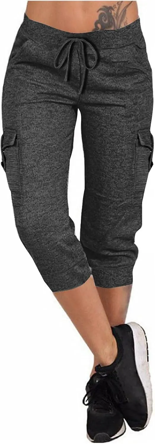 Women's Capri Cargo Sweatpants Drawstring Waist Multi Pockets Cropped Jogger Pants Summer Solid Running Lounge Capris