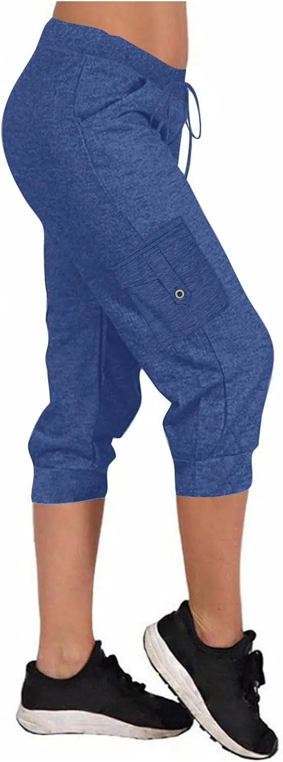 Women's Capri Cargo Sweatpants Drawstring Waist Multi Pockets Cropped Jogger Pants Summer Solid Running Lounge Capris
