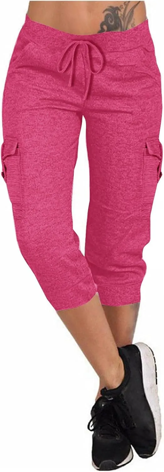 Women's Capri Cargo Sweatpants Drawstring Waist Multi Pockets Cropped Jogger Pants Summer Solid Running Lounge Capris