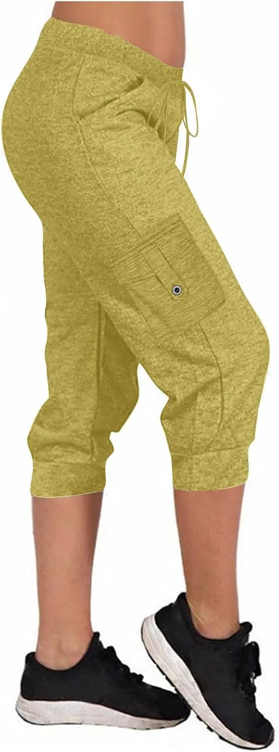 Women's Capri Cargo Sweatpants Drawstring Waist Multi Pockets Cropped Jogger Pants Summer Solid Running Lounge Capris