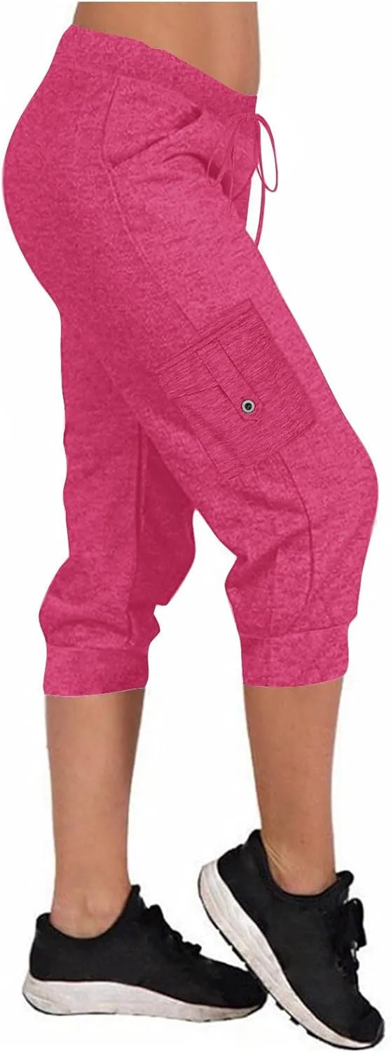 Women's Capri Cargo Sweatpants Drawstring Waist Multi Pockets Cropped Jogger Pants Summer Solid Running Lounge Capris