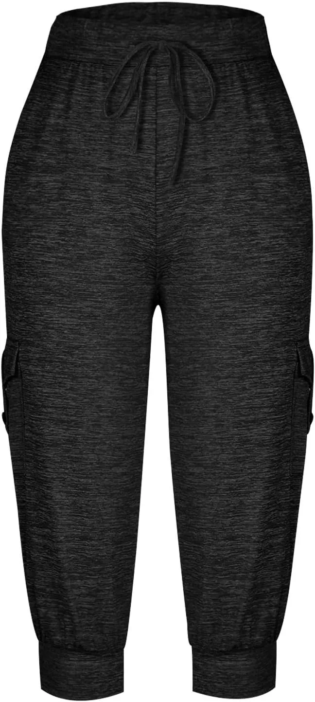 Women's Capri Cargo Sweatpants Drawstring Waist Multi Pockets Cropped Jogger Pants Summer Solid Running Lounge Capris