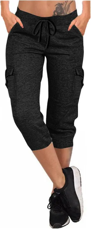 Women's Capri Cargo Sweatpants Drawstring Waist Multi Pockets Cropped Jogger Pants Summer Solid Running Lounge Capris