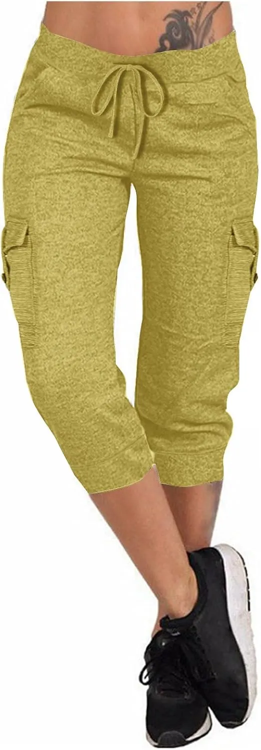 Women's Capri Cargo Sweatpants Drawstring Waist Multi Pockets Cropped Jogger Pants Summer Solid Running Lounge Capris