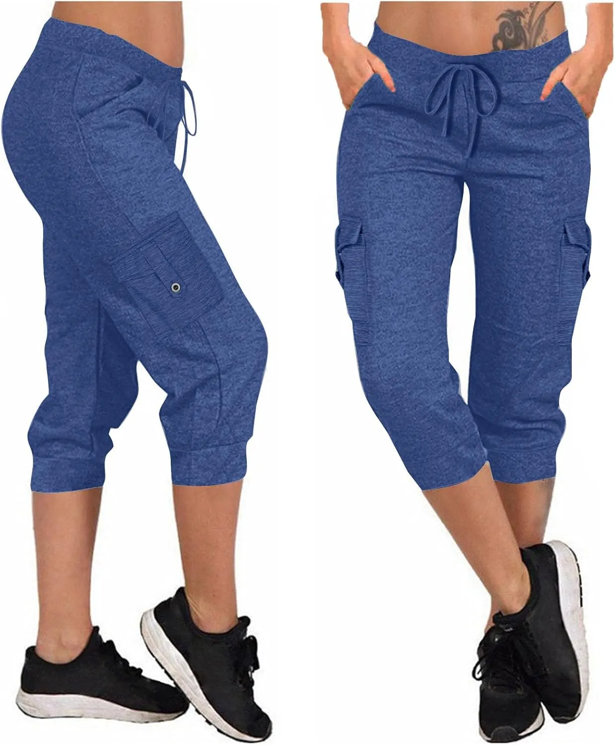 Women's Capri Cargo Sweatpants Drawstring Waist Multi Pockets Cropped Jogger Pants Summer Solid Running Lounge Capris