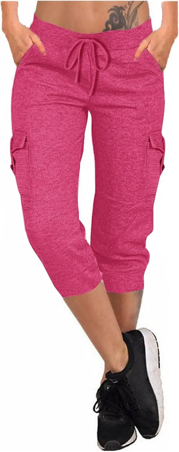 Women's Capri Cargo Sweatpants Drawstring Waist Multi Pockets Cropped Jogger Pants Summer Solid Running Lounge Capris