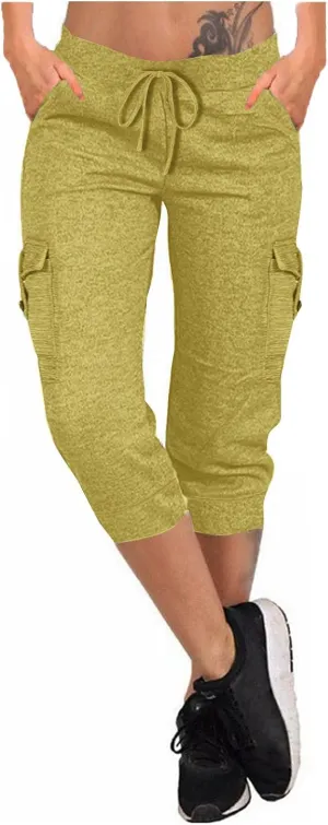 Women's Capri Cargo Sweatpants Drawstring Waist Multi Pockets Cropped Jogger Pants Summer Solid Running Lounge Capris