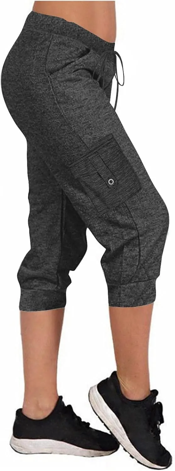 Women's Capri Cargo Sweatpants Drawstring Waist Multi Pockets Cropped Jogger Pants Summer Solid Running Lounge Capris