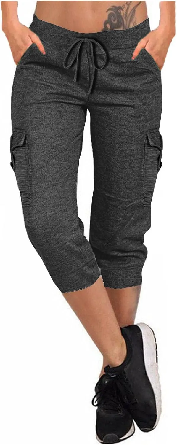 Women's Capri Cargo Sweatpants Drawstring Waist Multi Pockets Cropped Jogger Pants Summer Solid Running Lounge Capris