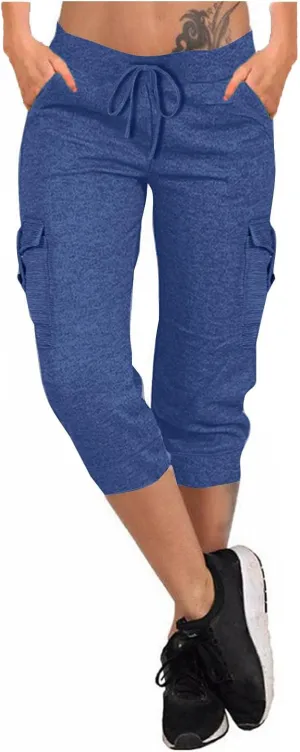 Women's Capri Cargo Sweatpants Drawstring Waist Multi Pockets Cropped Jogger Pants Summer Solid Running Lounge Capris