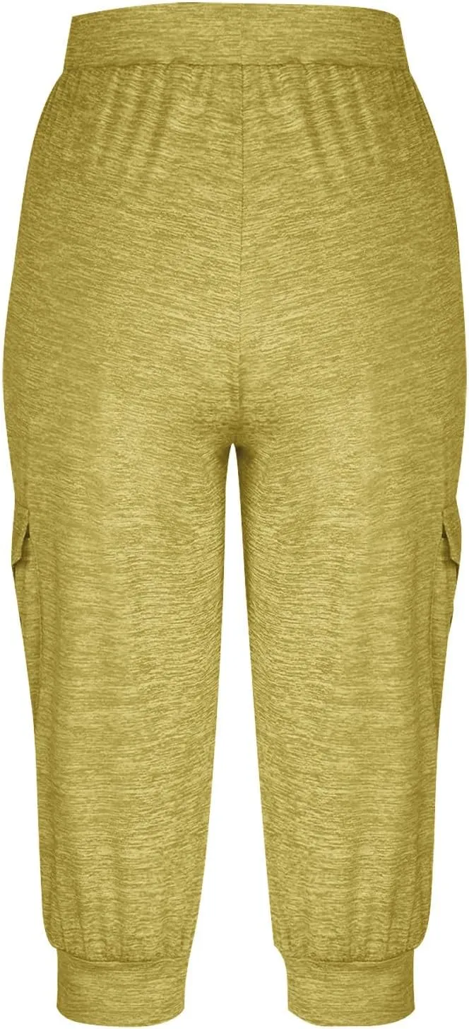 Women's Capri Cargo Sweatpants Drawstring Waist Multi Pockets Cropped Jogger Pants Summer Solid Running Lounge Capris
