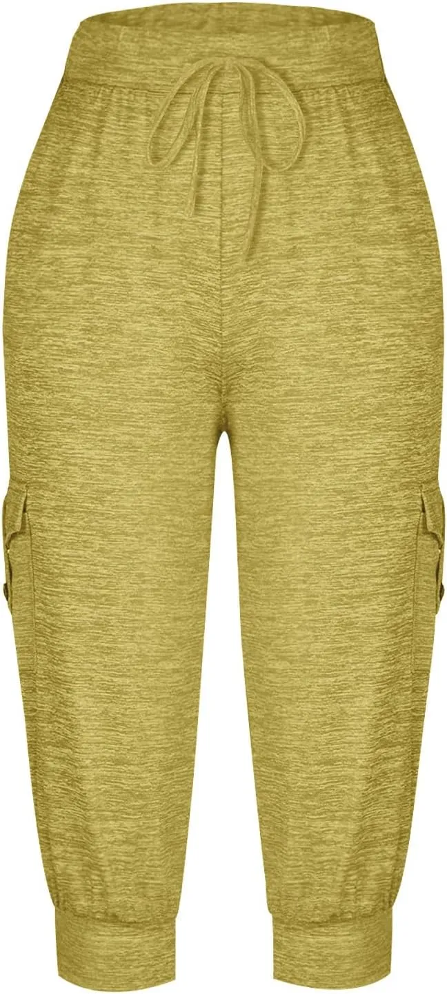 Women's Capri Cargo Sweatpants Drawstring Waist Multi Pockets Cropped Jogger Pants Summer Solid Running Lounge Capris