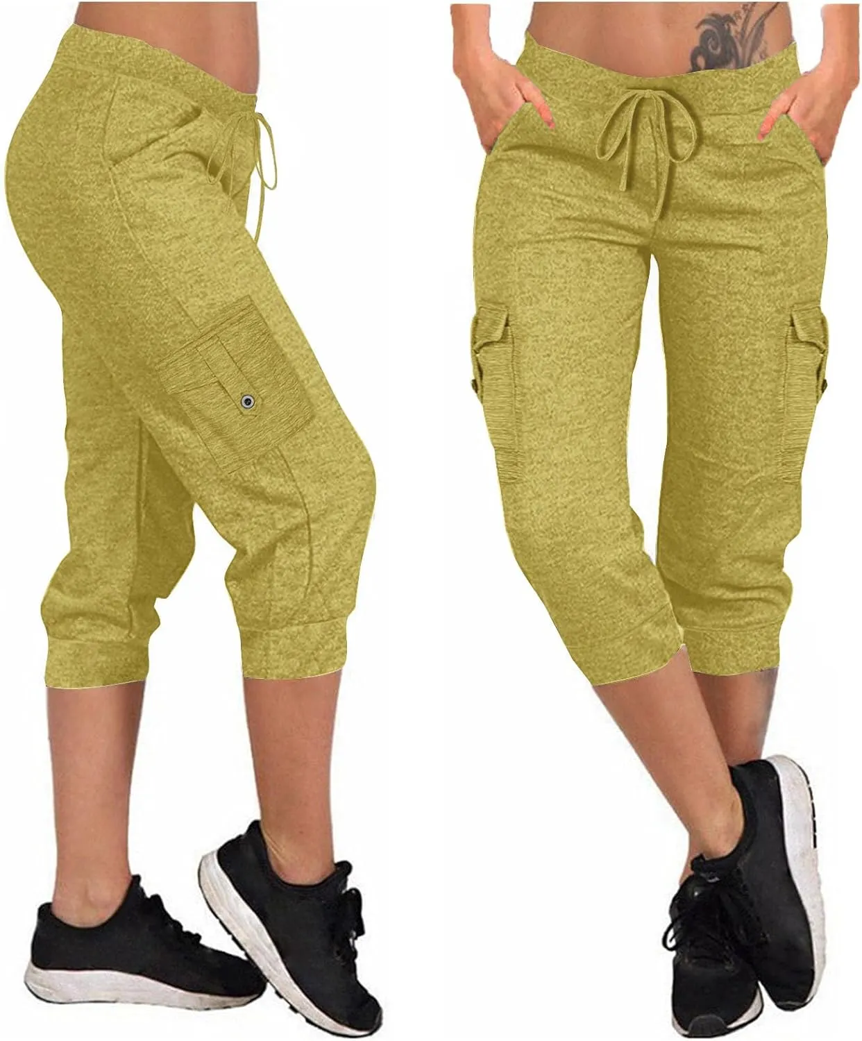 Women's Capri Cargo Sweatpants Drawstring Waist Multi Pockets Cropped Jogger Pants Summer Solid Running Lounge Capris