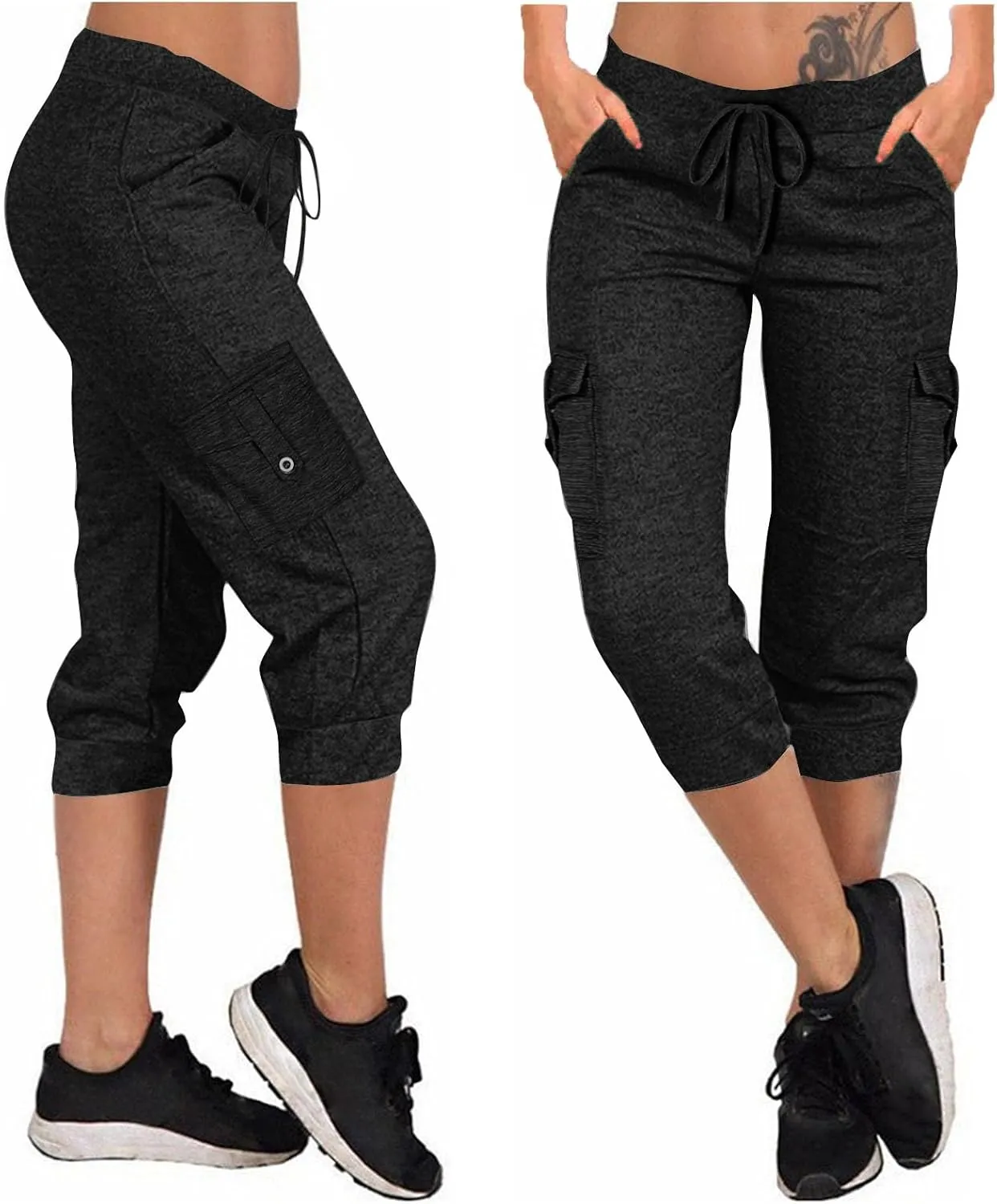 Women's Capri Cargo Sweatpants Drawstring Waist Multi Pockets Cropped Jogger Pants Summer Solid Running Lounge Capris