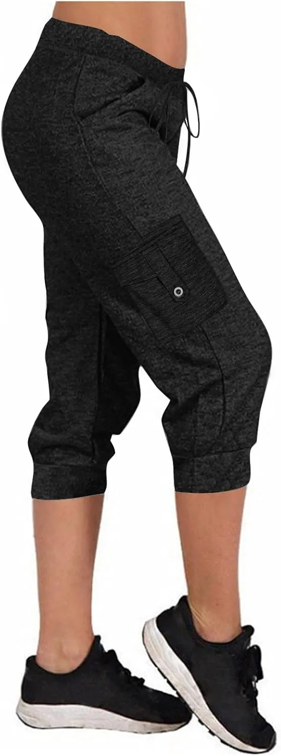 Women's Capri Cargo Sweatpants Drawstring Waist Multi Pockets Cropped Jogger Pants Summer Solid Running Lounge Capris