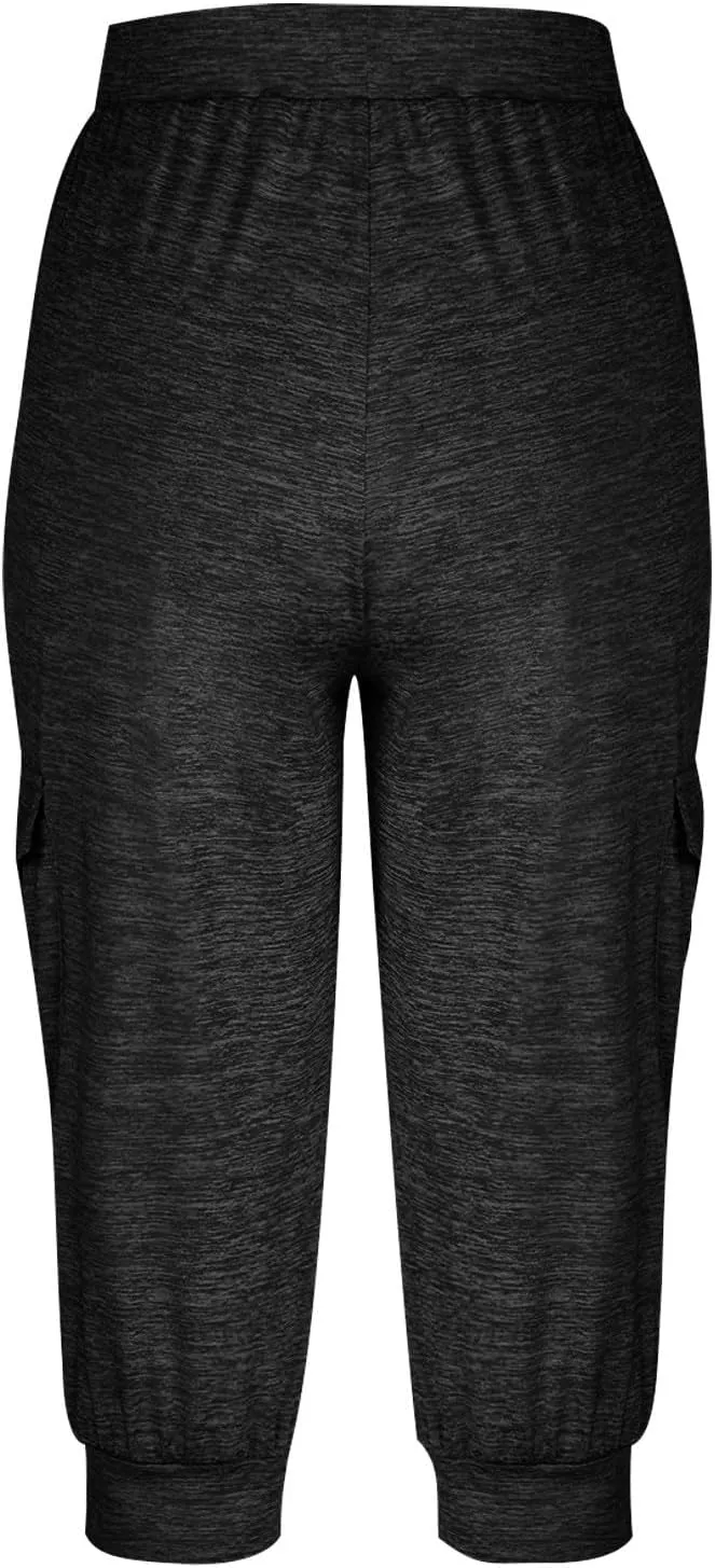 Women's Capri Cargo Sweatpants Drawstring Waist Multi Pockets Cropped Jogger Pants Summer Solid Running Lounge Capris