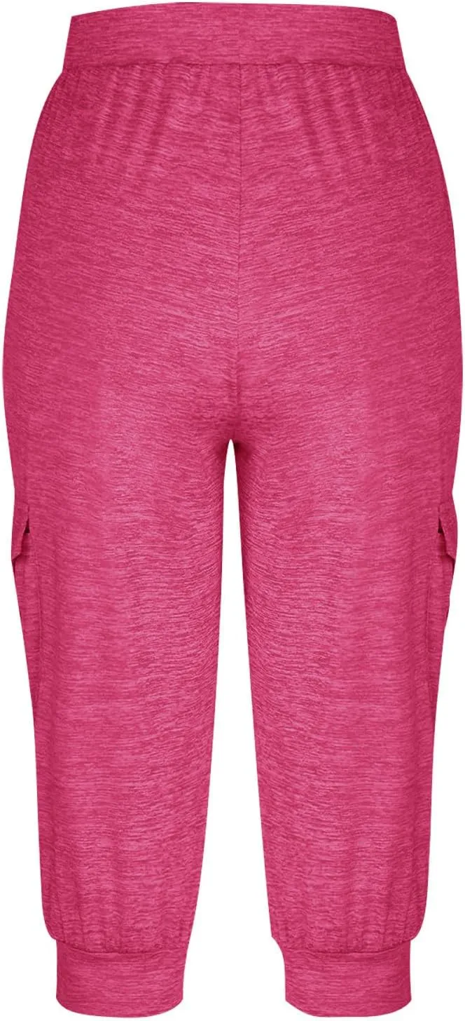 Women's Capri Cargo Sweatpants Drawstring Waist Multi Pockets Cropped Jogger Pants Summer Solid Running Lounge Capris