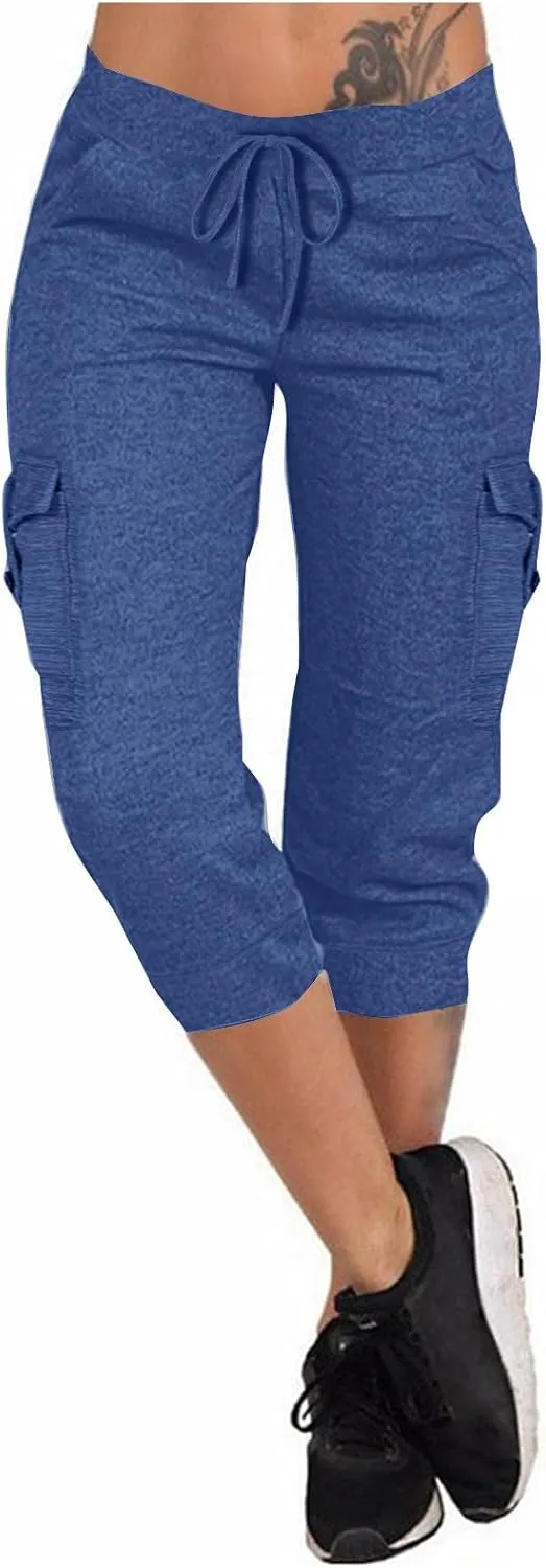 Women's Capri Cargo Sweatpants Drawstring Waist Multi Pockets Cropped Jogger Pants Summer Solid Running Lounge Capris