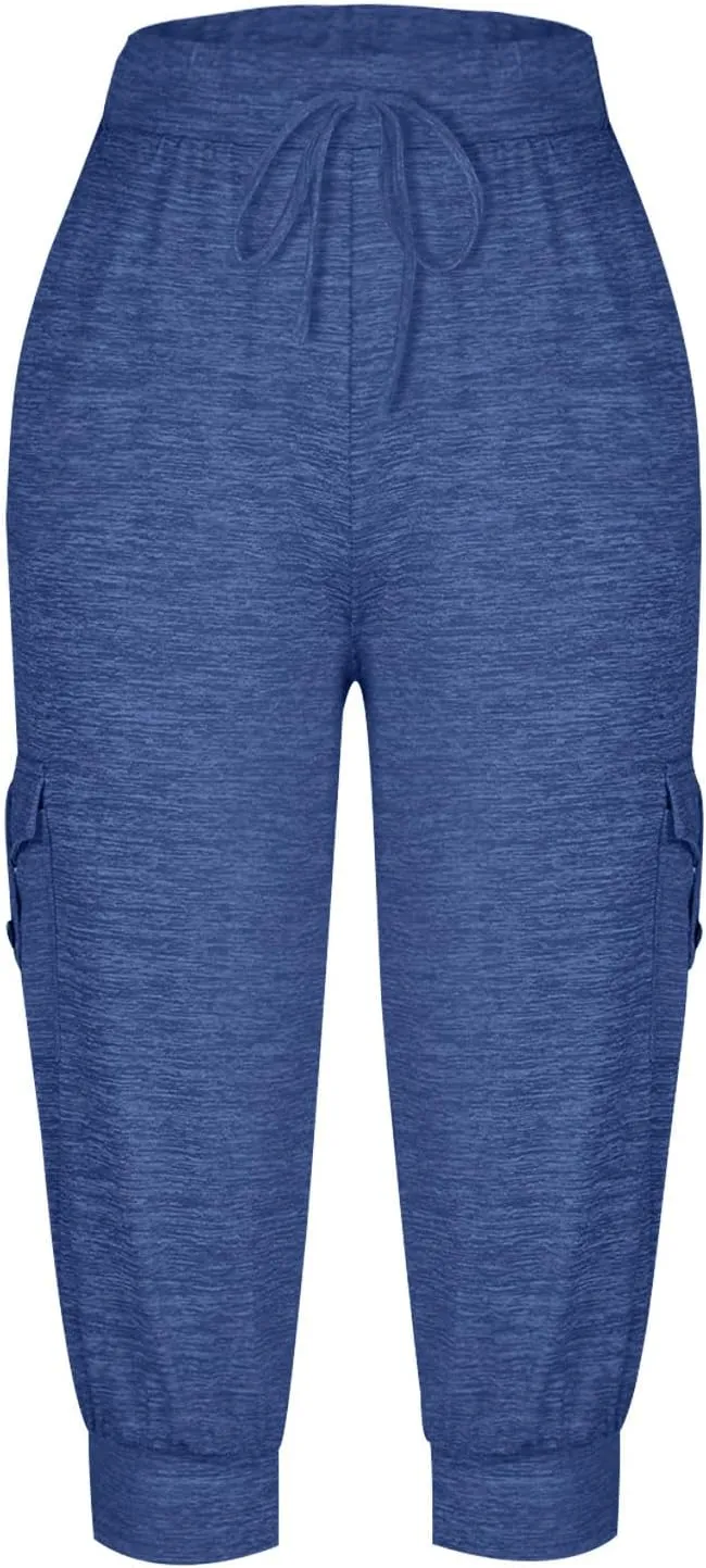 Women's Capri Cargo Sweatpants Drawstring Waist Multi Pockets Cropped Jogger Pants Summer Solid Running Lounge Capris