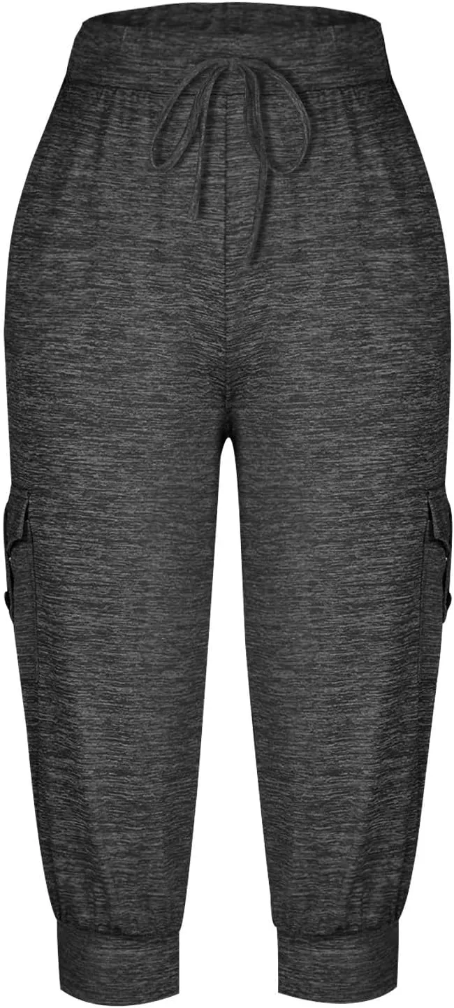 Women's Capri Cargo Sweatpants Drawstring Waist Multi Pockets Cropped Jogger Pants Summer Solid Running Lounge Capris