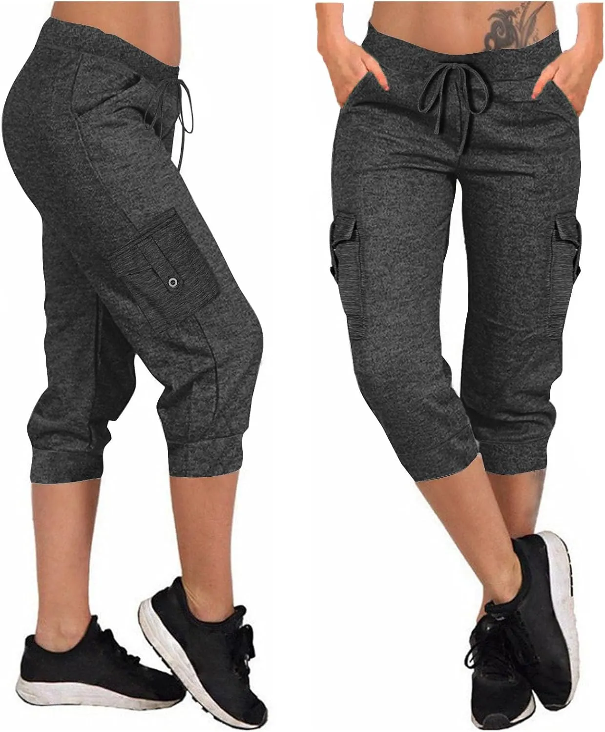 Women's Capri Cargo Sweatpants Drawstring Waist Multi Pockets Cropped Jogger Pants Summer Solid Running Lounge Capris
