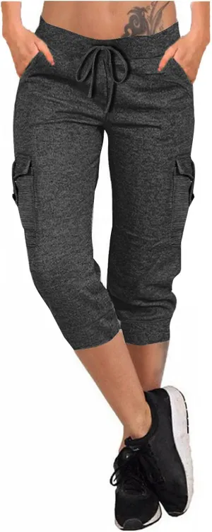 Women's Capri Cargo Sweatpants Drawstring Waist Multi Pockets Cropped Jogger Pants Summer Solid Running Lounge Capris