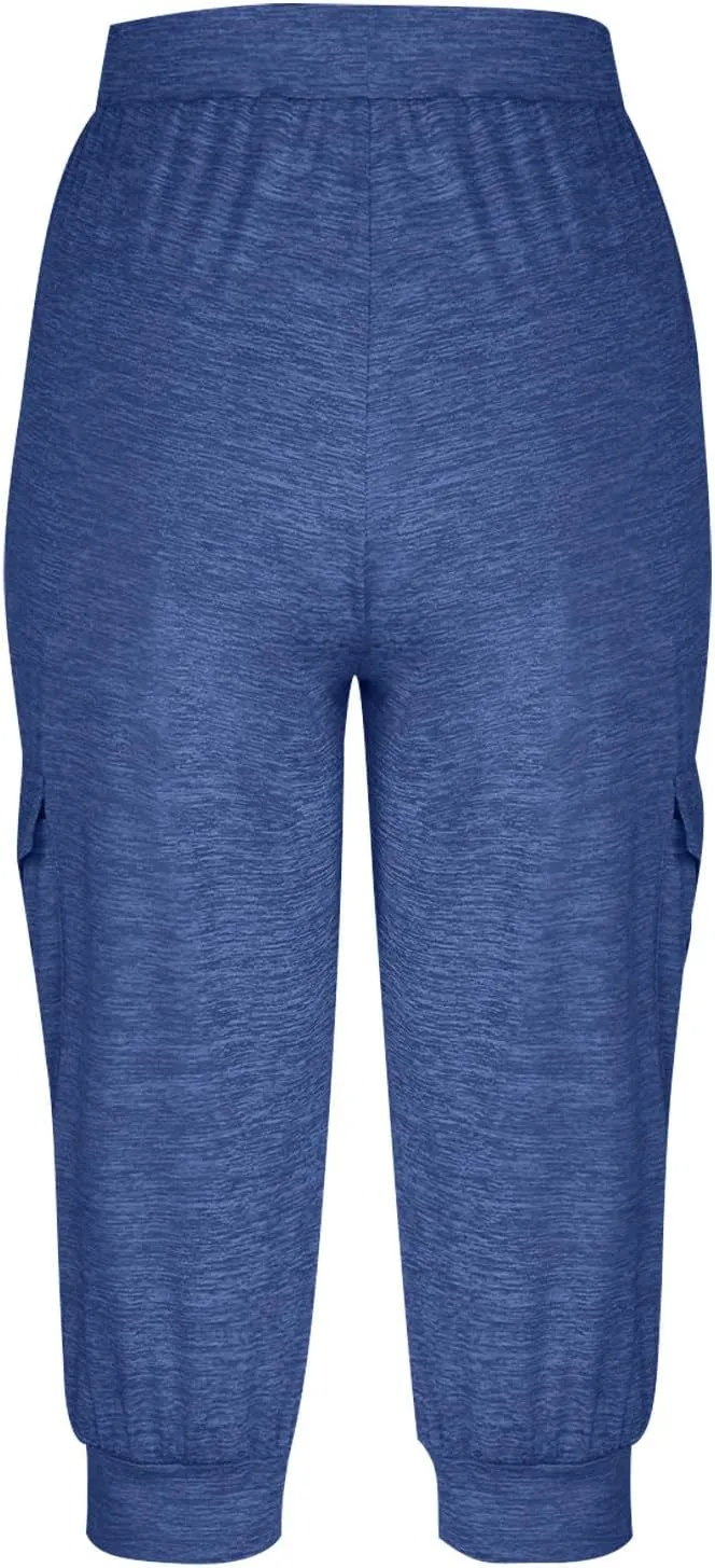 Women's Capri Cargo Sweatpants Drawstring Waist Multi Pockets Cropped Jogger Pants Summer Solid Running Lounge Capris