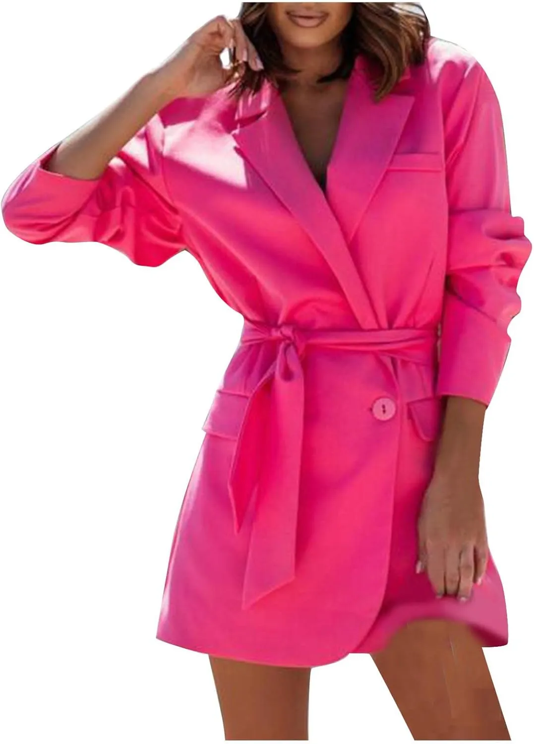 Women's Casual Elegant Blazers Long Sleeve Button Lapel Open Front Business Work Office Pockets Suit Jackets with Belt